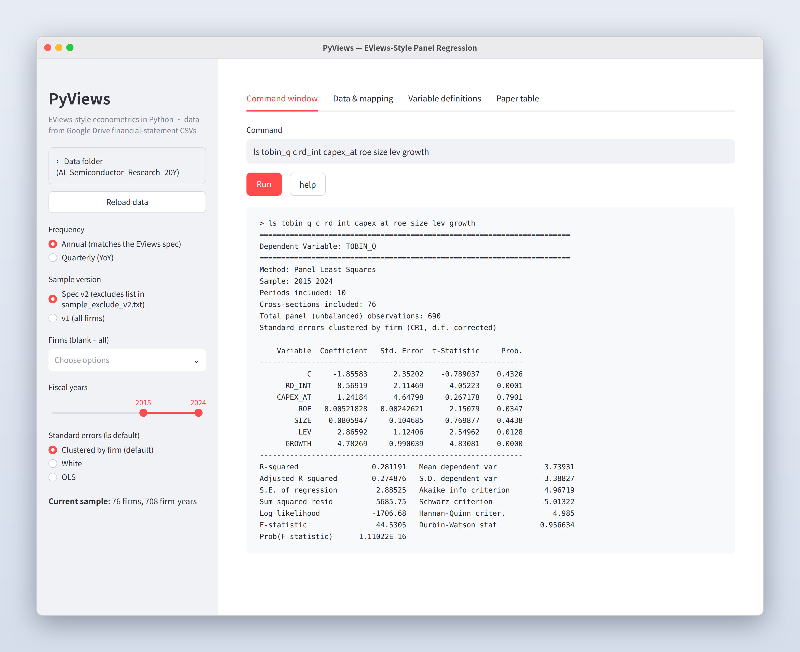 PyViews screenshot: a sidebar for choosing the sample and fiscal years, and a command window showing panel least squares regression output